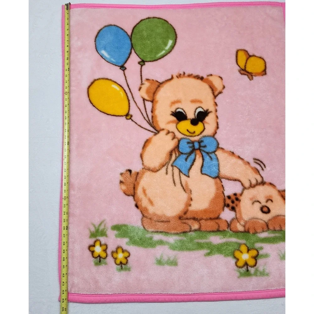 Vintage Baby Blanket Teddy Bear Balloons Puppy Butterfly Mink Plush Pink 45x37